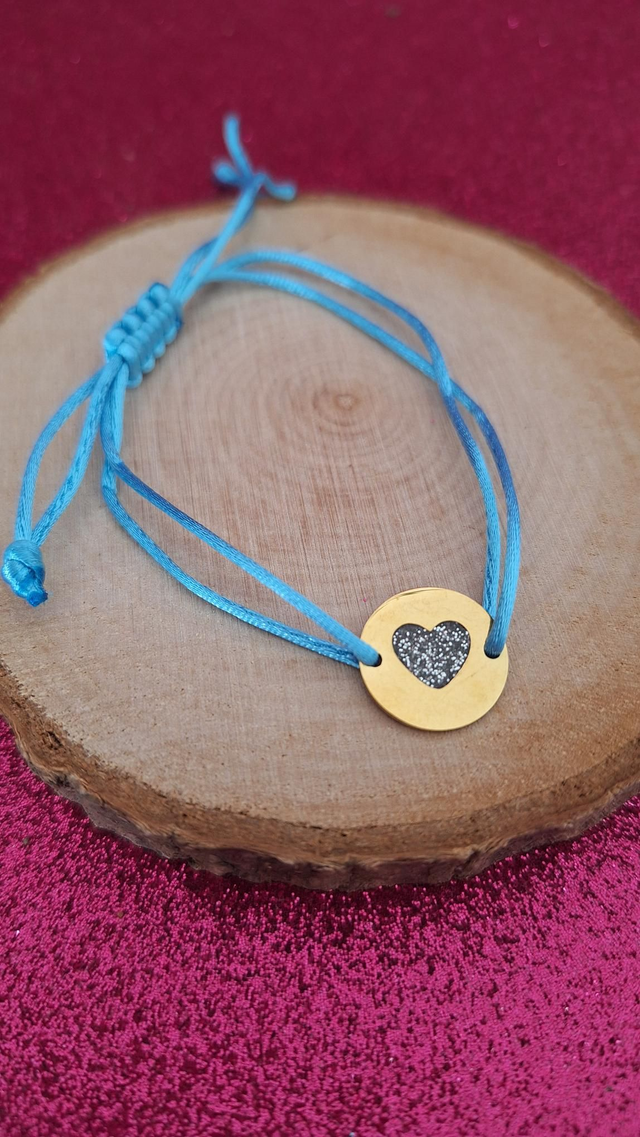 Bracelet cordon bleu cœur paillettes noires blanches or 