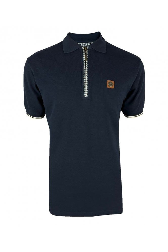 Trojan TR-8872 Houndstooth Trim Zip Pique Polo - Navy