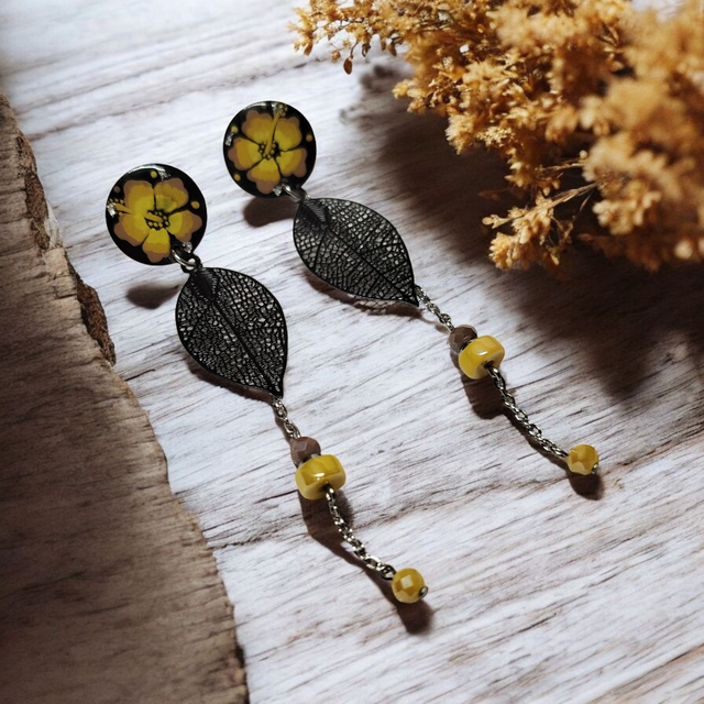Boucles d'oreilles Flora jaune taupe et noir