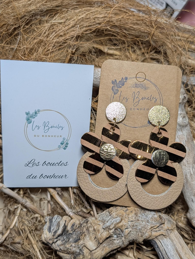 Boucles d'oreilles Baby Marguerite doré beige rayé bm032