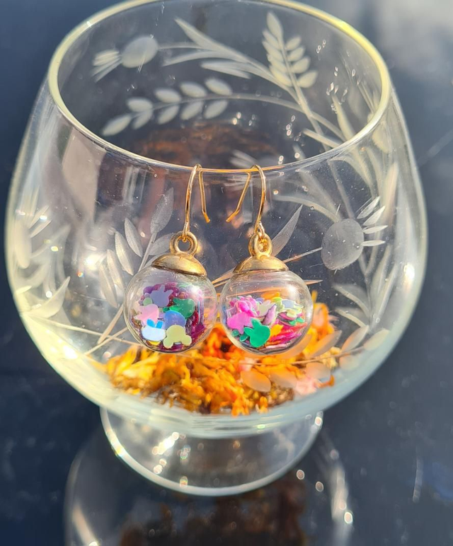 Earrings glass ball bauble glitter confetti multicolour rabbit heads