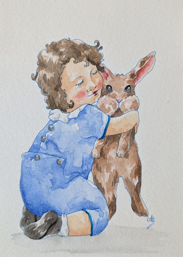 Enfant et lapin • Aquarelle originale encadrée 