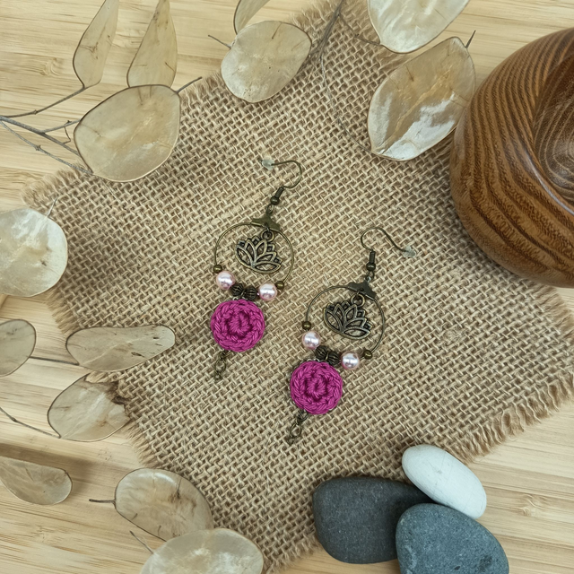 Parure fuchsia et bronze - Boucles d'oreille Fleurs de Lotus