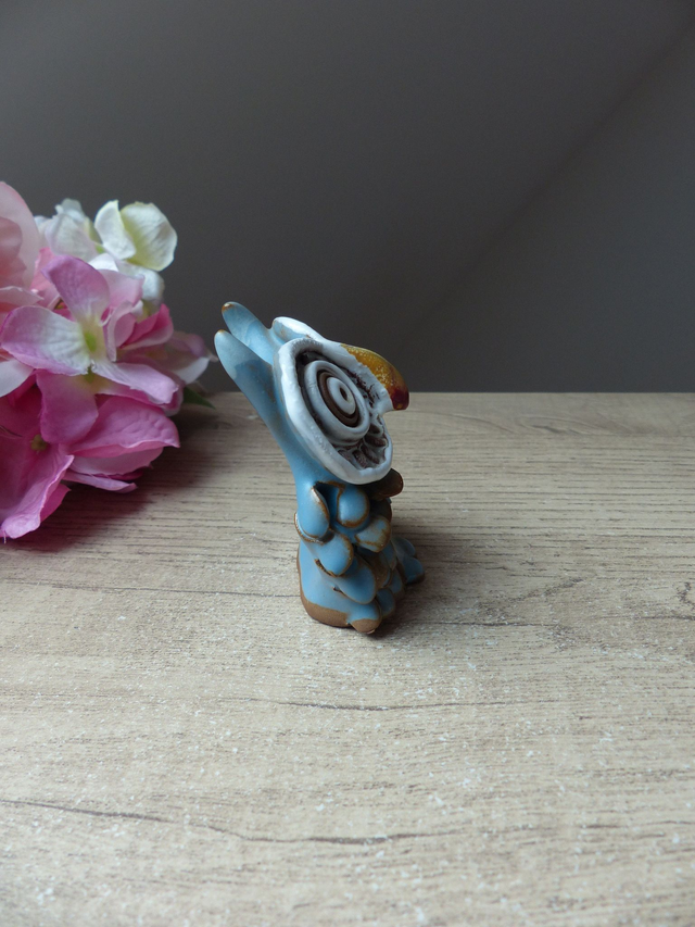 Céramique figurine hibou bleu, poterie hibou, figurine hibou artisanat, statuette hibou terre cuite, bébé hibou décoration collection