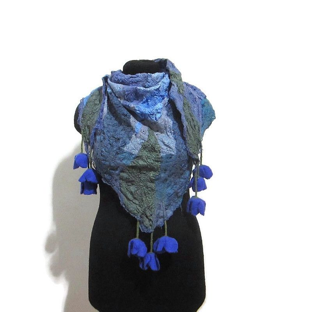 Scialle lana merino seta feltro Fatto a mano scialle infeltrimento fiori Sciarpa blu donna Scialle Regalo unico