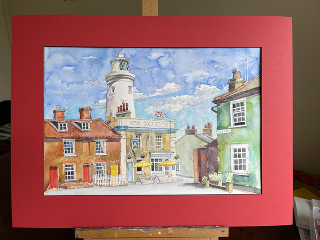 Southwold Lighthouse. Watercolor painting. Original art in frame under glass