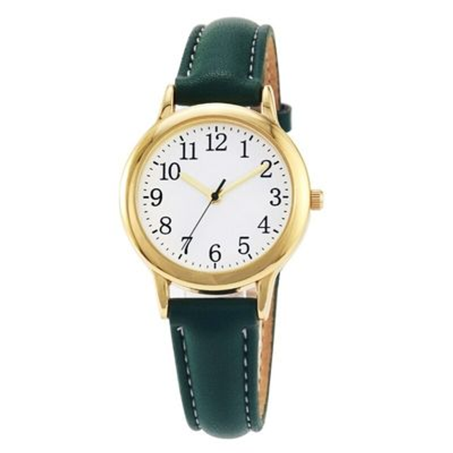 montre horloger à quartz pour femme, cadran avec chiffres arabes faciles à lire, et son bracelet cuir vert