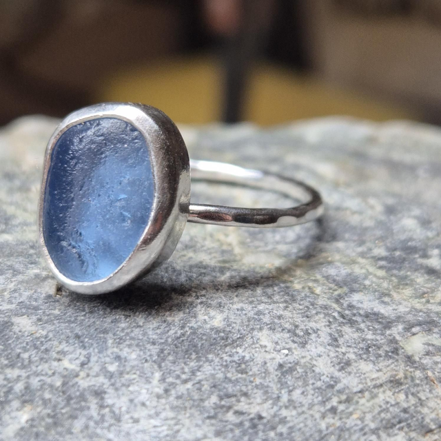 Size S Pale Blue Sea Glass and Sterling Silver Ring Fully Hallmarked 
