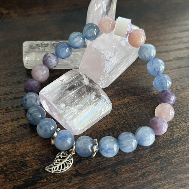 Bracelet Cyanite Lépidolite et Quartz Rose avec plume argent 925