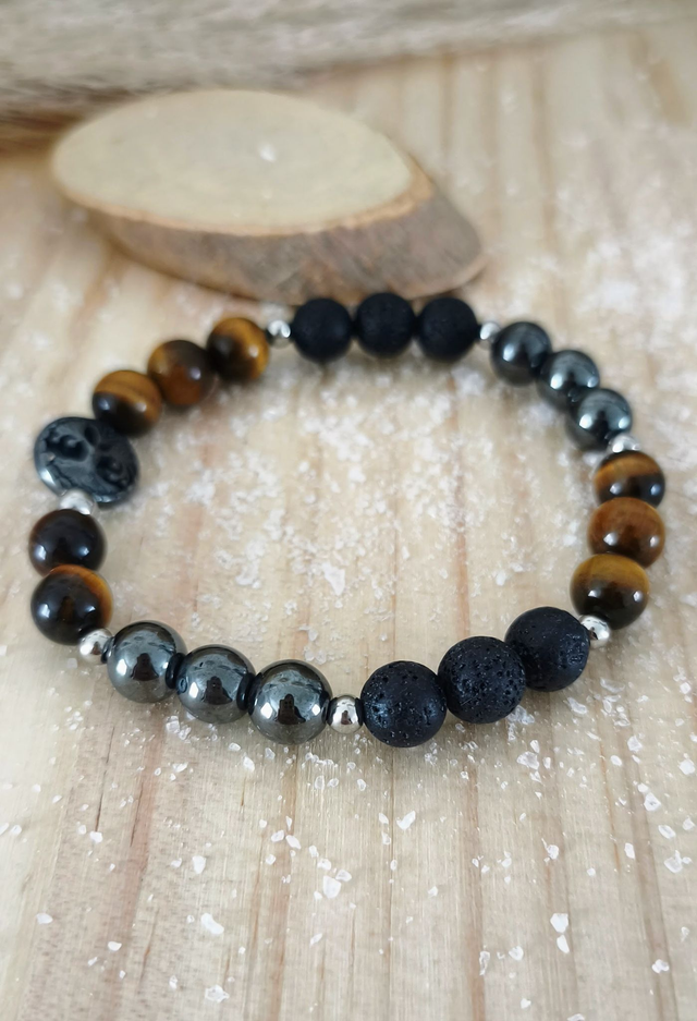 Bracelet "Force intérieure" Oeil de tigre, Pierre de lave et Hématite
