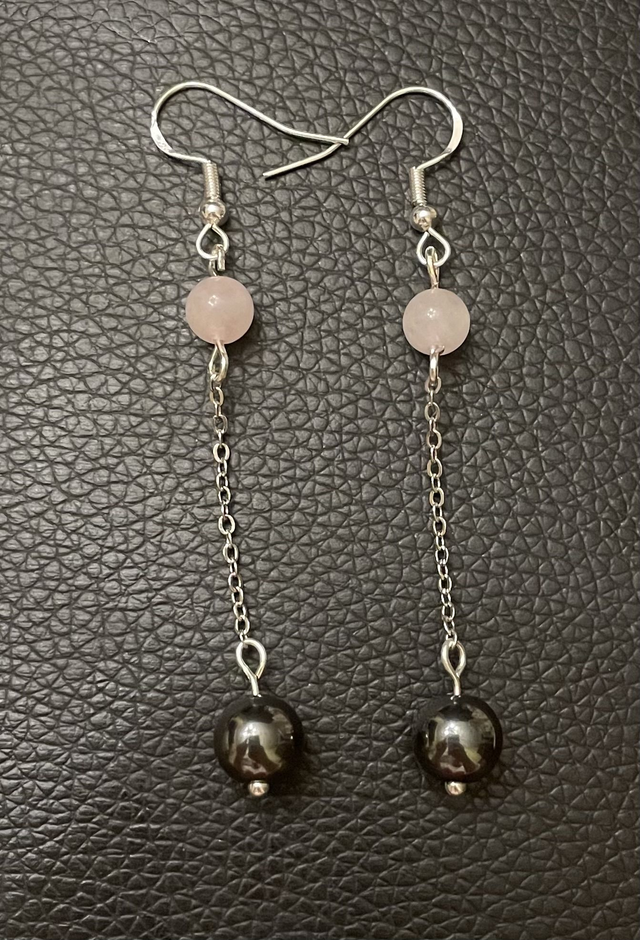 Boucles d'oreilles Quartz rose 6 mm et Hématite non magnétique 8 mm