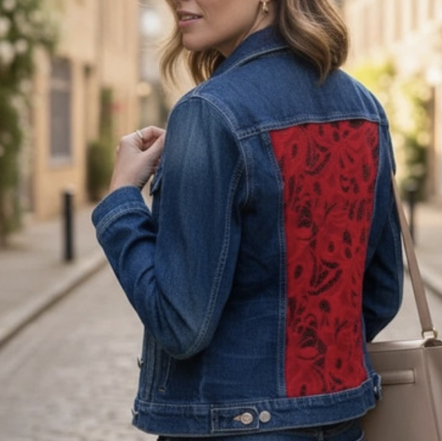Veste en jean customisée dentelle rouge 38/40