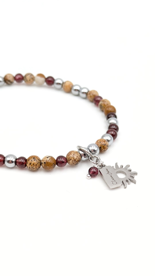 Bracelet Clara Joia Grenat Jaspe Paysage Acier Argenté Soleil