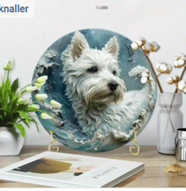 Wanddecoratie metalen bord White Terrier (20cm diameter)