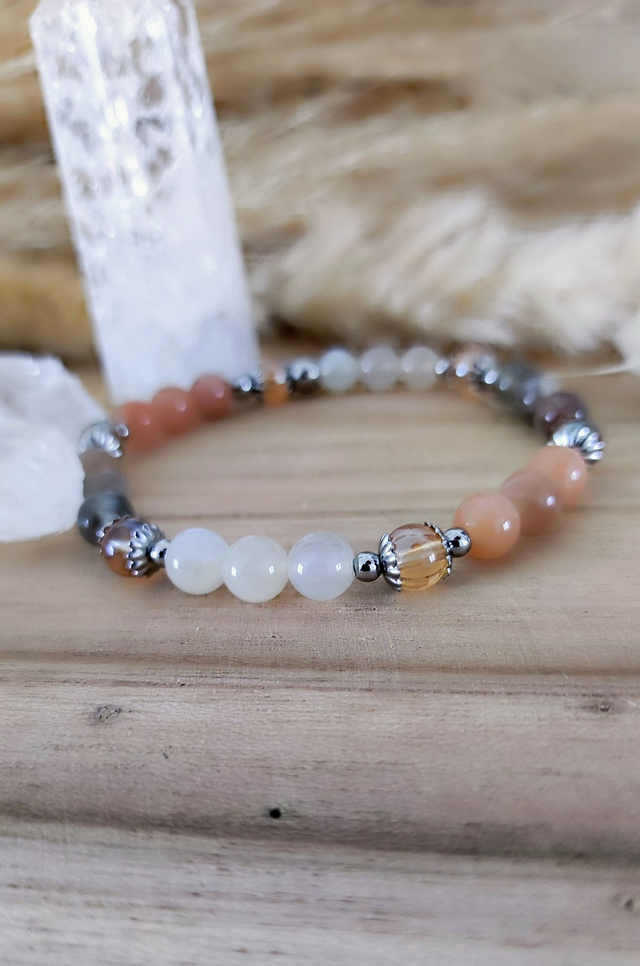 Bracelet "Intuition et Féminité" Pierre de Lune et Quartz Aura