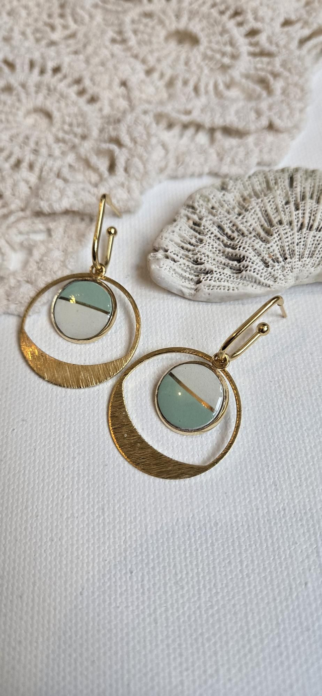Paire de boucles d'oreilles - porcelaie Badonviller - acier inoxydable doré 