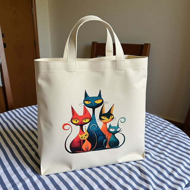 A tote bag featuring 5 colourful cats polyester canvas size H33cm xW29cm medium 