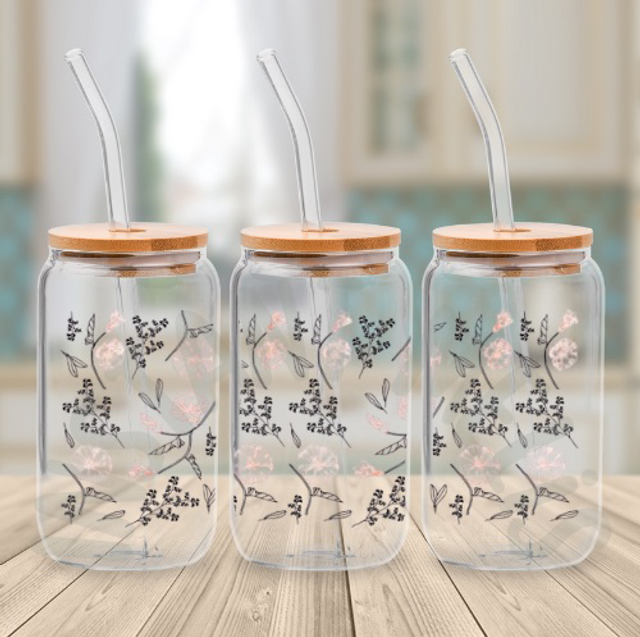 Canette en verre - Fleur rose et noir