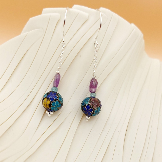 Sterling silver earrings with amethyst, Apatite and vintage enamel floral beads