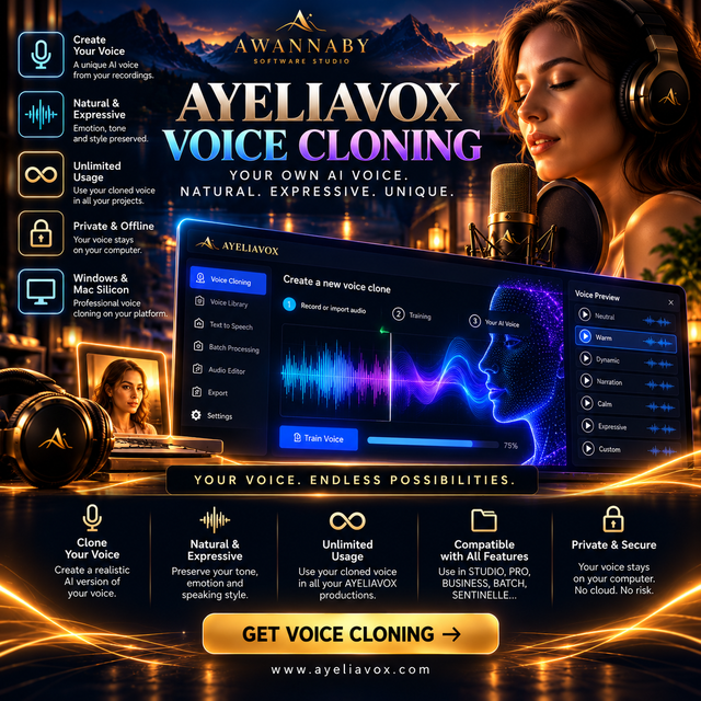 AYELIAVOX VOICE CLONING — Unlimited Authorized Voice Library