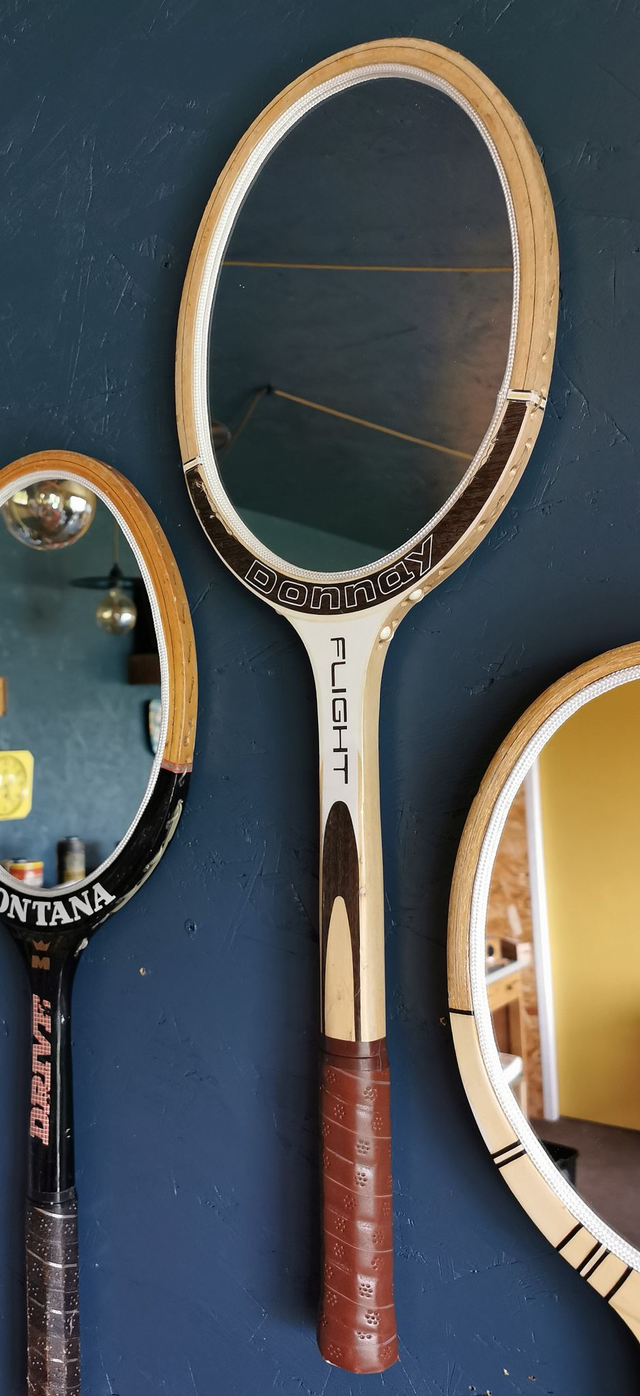 Miroir mural ovale bois raquette tennis vintage "Donnay flight"