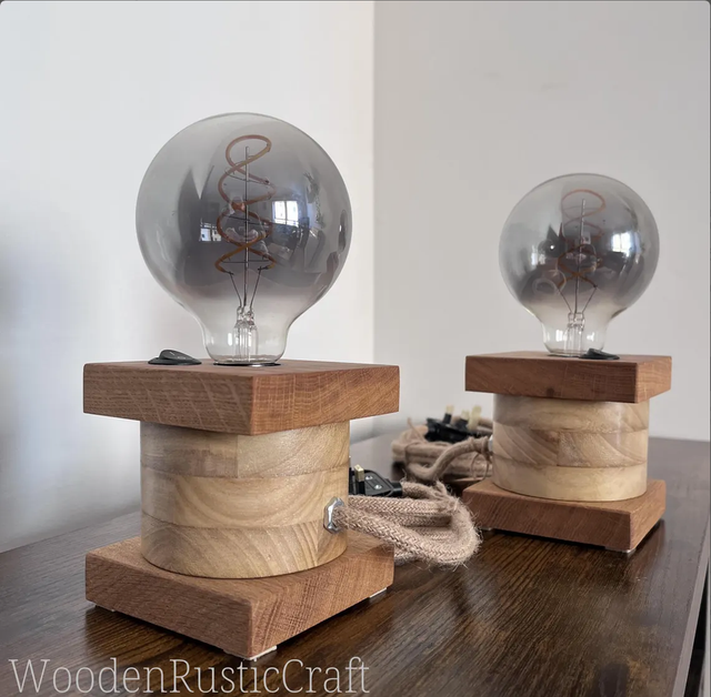 Pair of Japandi Oak &amp; Paulownia Table Lamps