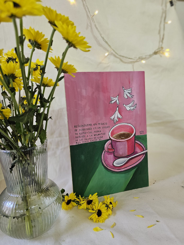 Taza de café con seres queridos. Pieza al óleo por Anitta Brett 