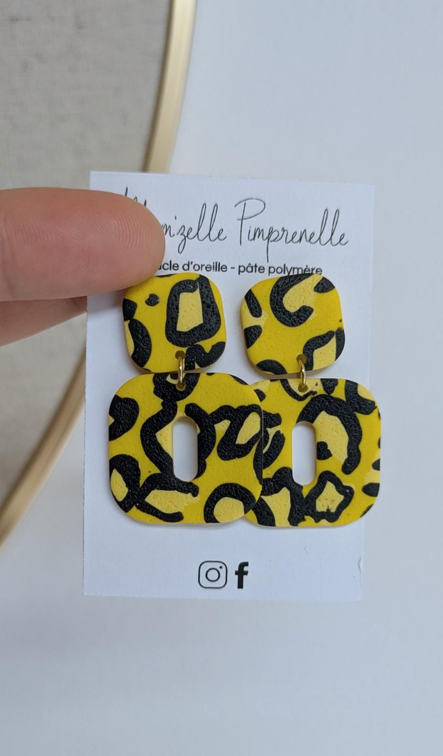 Boucles d'oreilles en pâte polymère - léopard jaune