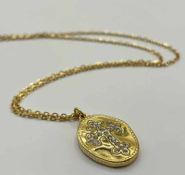 Sautoir médaille croix strass blancs