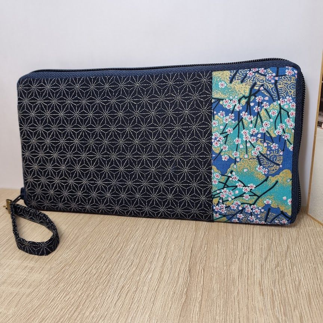 Portefeuille long zippé "Asanoha & Akina" turquoise & bleu marine
