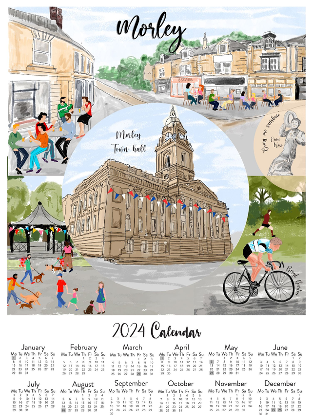 Morley Town bespoke A3 Wall Calendar print 2024 - unframed