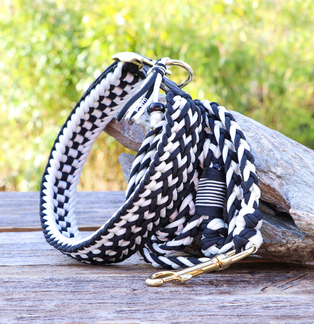 Schwarz-weisses Paracord Hundehalsband und Leine im Set I mit Namensanhänger I handgemacht und in verschiedenen Größen verfügbar