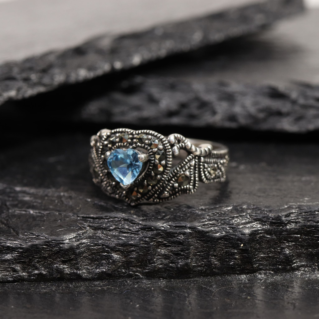 Vintage Sterling Silver 925 Art Deco Style Heart Cut Blue Topaz With Marcasite Gemstone Love Design Ring Size O - 7
