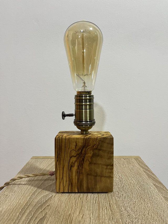 Natural Olive Wood Table Lamp Block Base Handmade with Edison Bulb included.