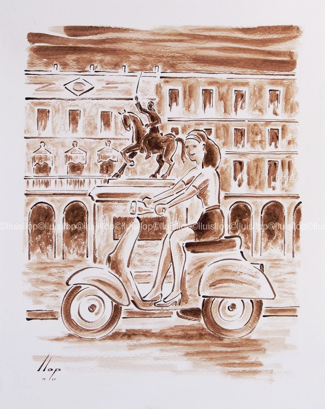 coses de Reus antic, noia amb Vespa per pl.Prim - noguerina original 50x40