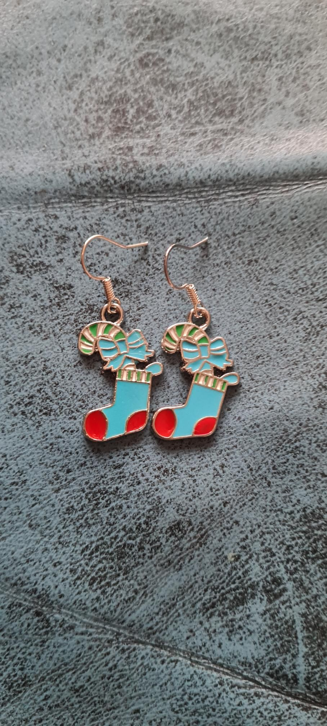 New Silver Enamel Blue Red Christmas Stocking Earrings Hooks
