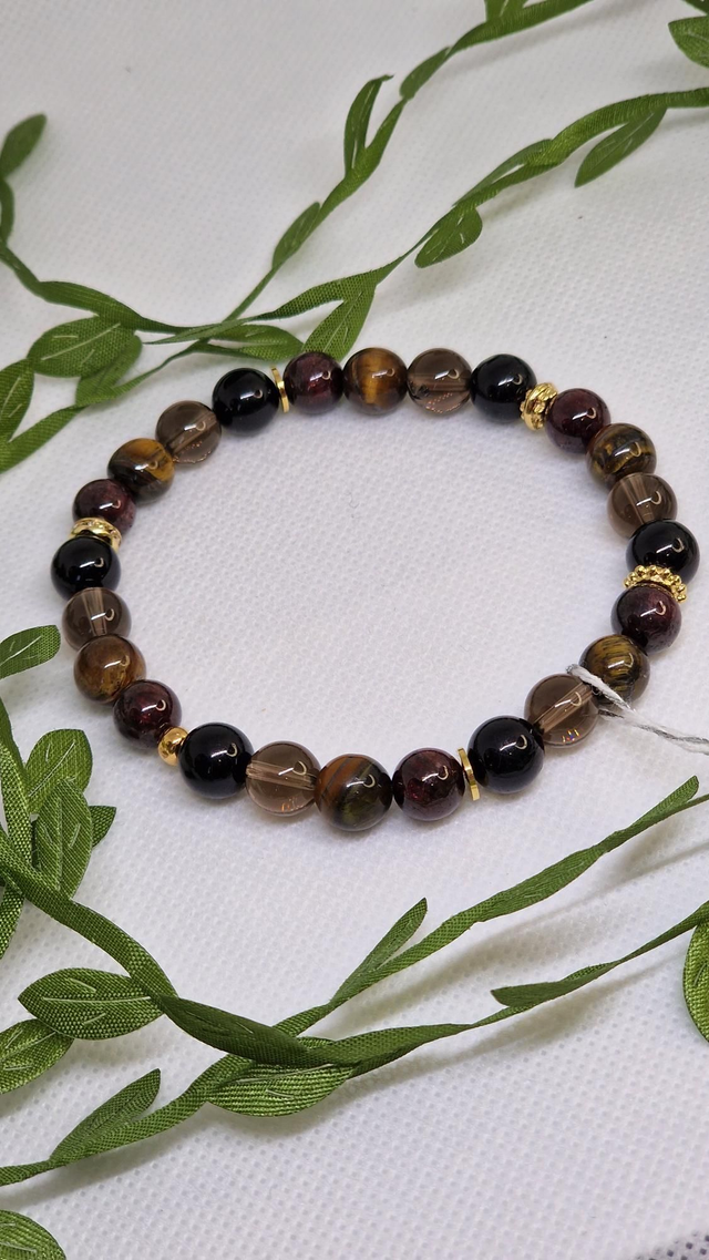 Bracelet Grenat, Quartz fumé, Tourmaline noire, Œil de tigre  en 0,8 cm 