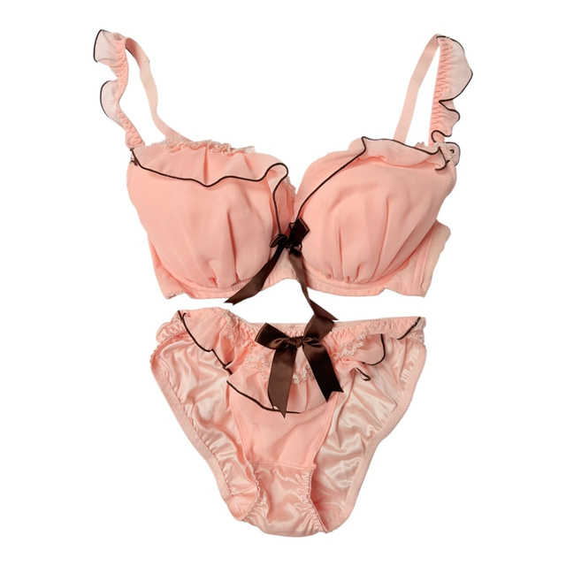 Pink and brown bow tulle Japanese Bra + Underwear Set UK 32D