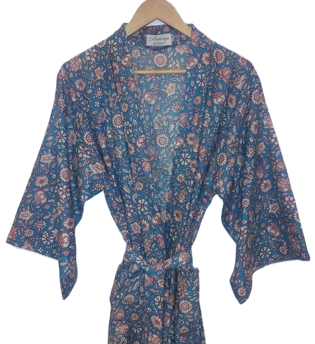 Robe kimono en coton - Peignoir, robe de chambre - Motif floral - Blanc, rouge, bleu clair - L100cm et L120cm  