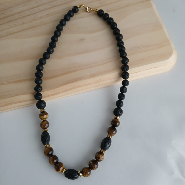 Heren ketting Tijgeroog en Lavasteen (2.015)