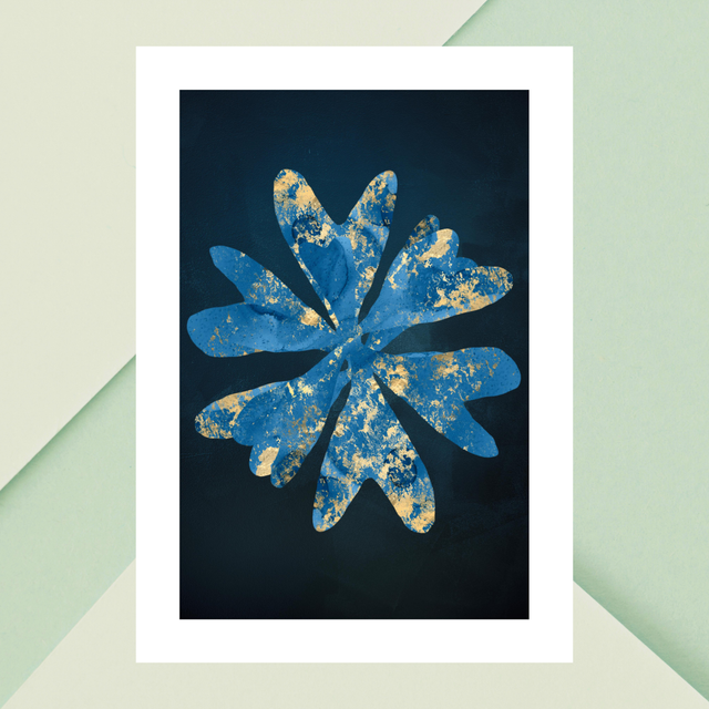 Impression Feuille Bleue et Or sur Fond Bleu Foncé - Décoration Moderne / Blue and Gold Leaf on Dark Blue Background Art Print - Modern Wall Decor