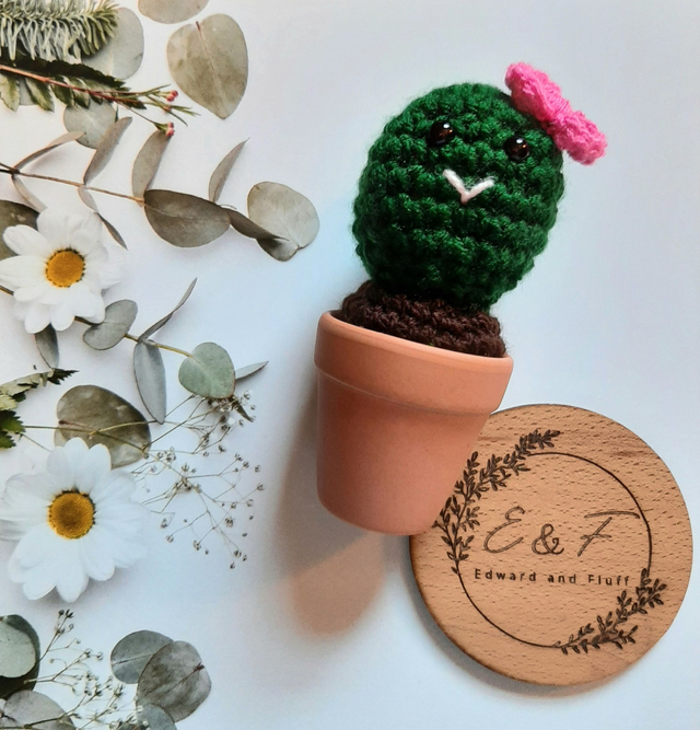 Handmade crochet cactus plant in a terracotta pot