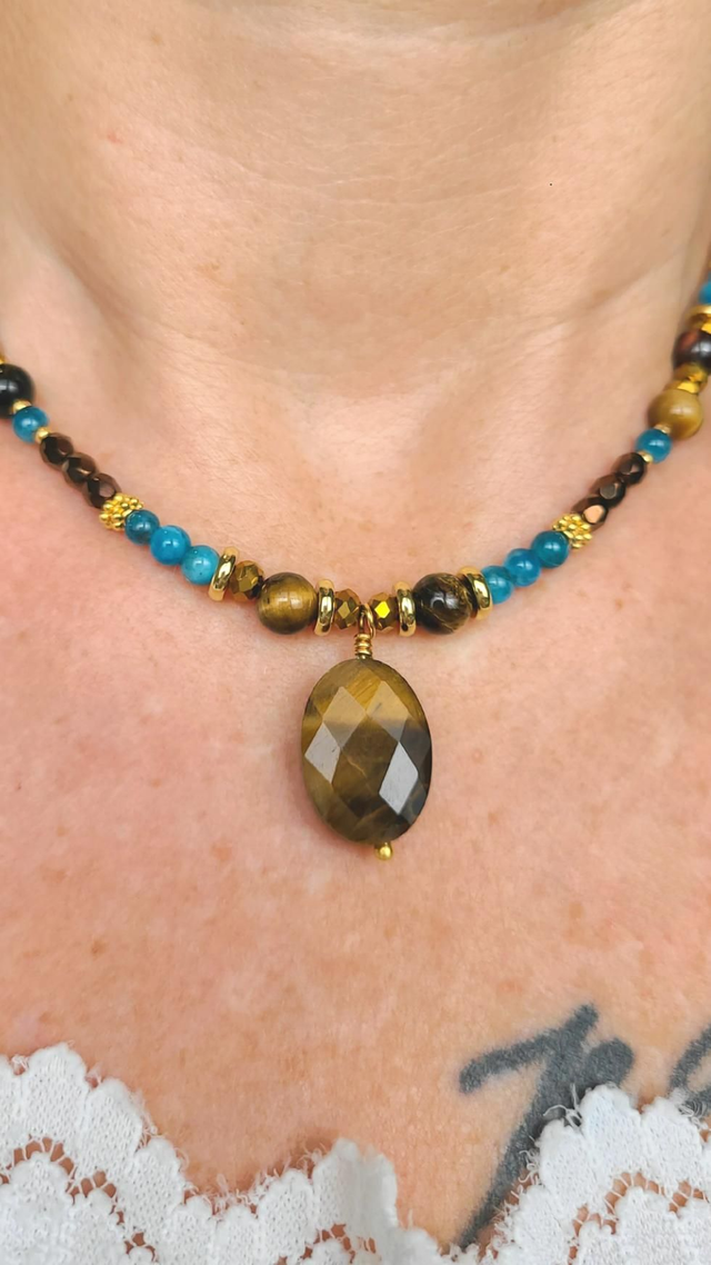 Collier Apatite & Œil du Tigre – Courage & Clarté