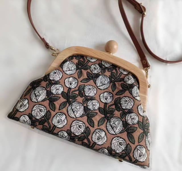 Rose Embroidery + Wooden Handle Bag - Brown Version