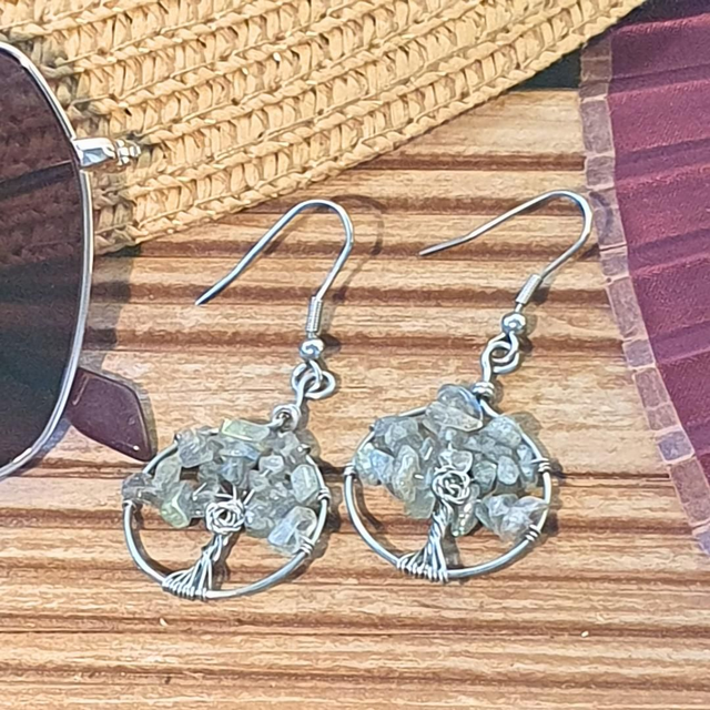 Boucles d'Oreilles Arbre de Vie en Acier Inoxydable et Pierres Naturelles