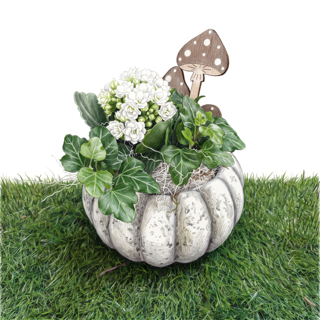 Potiron d’automne végétalisé blanc &amp; vert — Kalanchoé blanc, lierre et duo de champignons