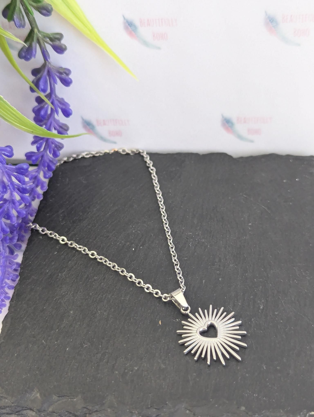 Stainless Steel Heart &amp; Sun Necklace 