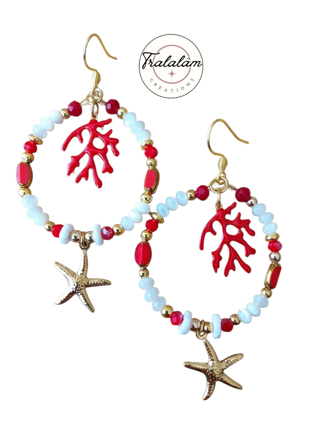 ✨Boucles d&#039;oreilles créoles nacre corail rouge✨EVASION(187BO)