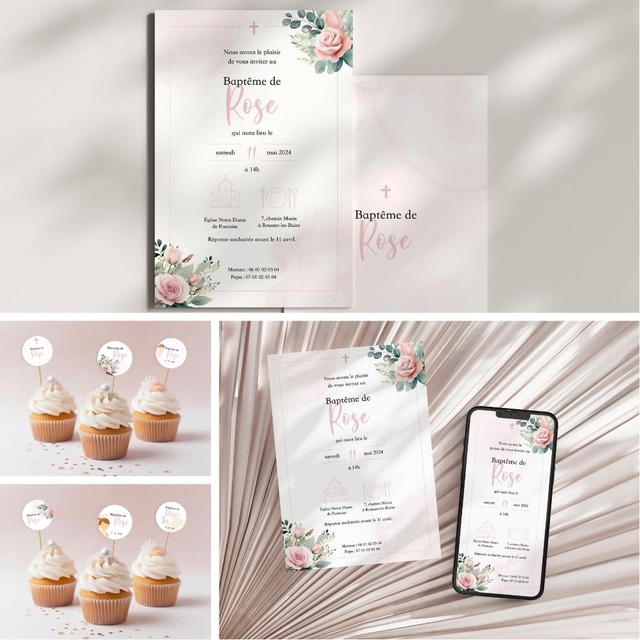 Kit numérique Baptême Fleurs & Blush rose