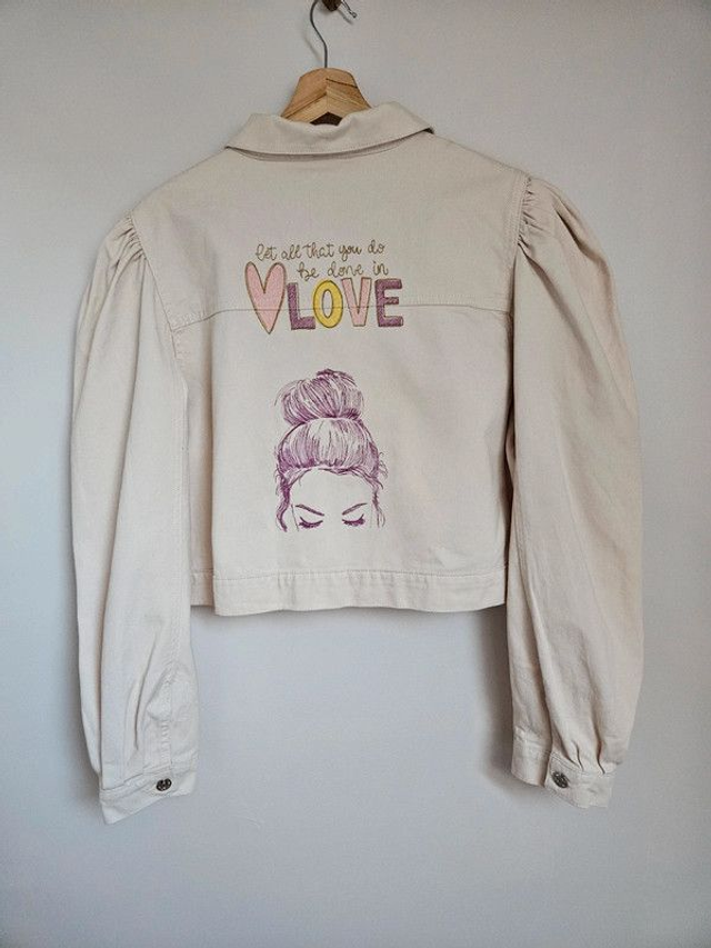 Veste beige en jean upcyclée T.48